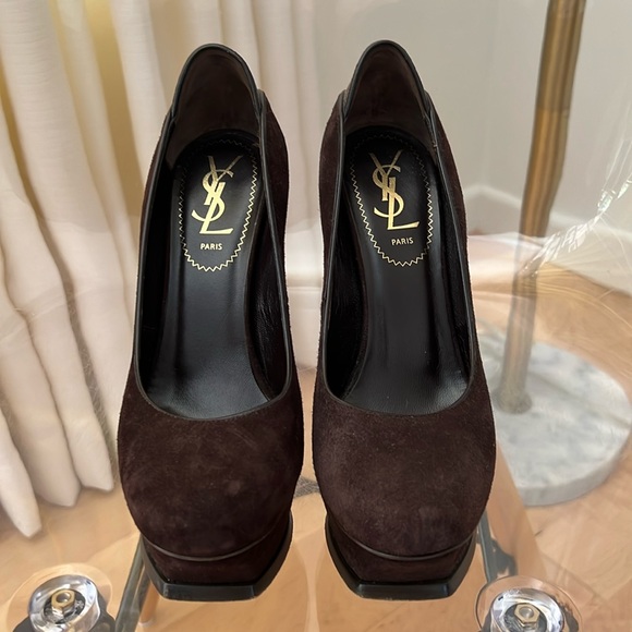 Saint Laurent Chocolate Brown & Ostrich Tribtoo Platform Pumps Size 36 / 6 - Picture 2 of 7